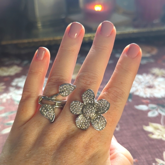 Double Flower Ring with Rhinestones - Picture 1 of 6